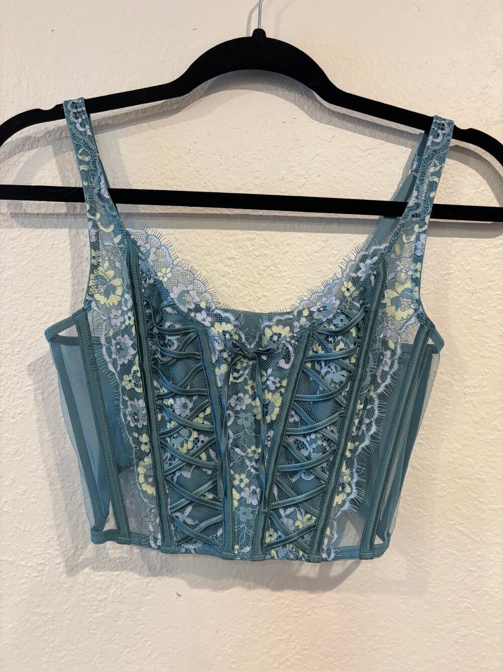Victoria's Secret Corset Top Womens M Teal Dream Angels Floral Lace Whimsical